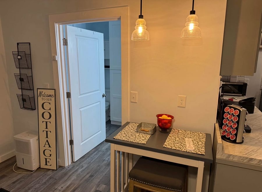 Living room entrance to bathroom.