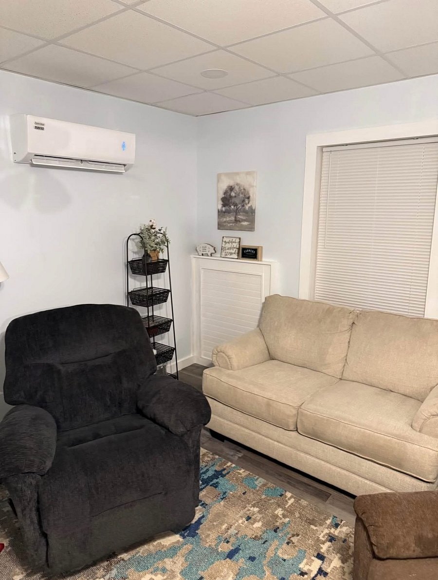 Living room with personal mini-split HVAC.