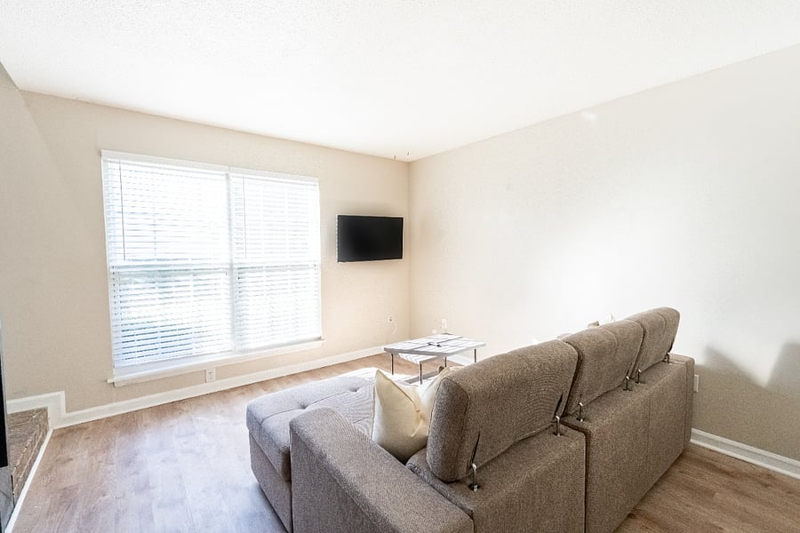Couch and TV. Picture does not have updated 50" Insignia Fire TV.