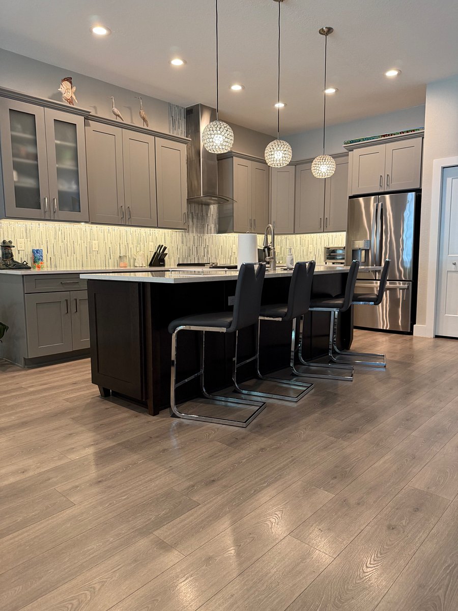 Modern, open kitchen with oversized island