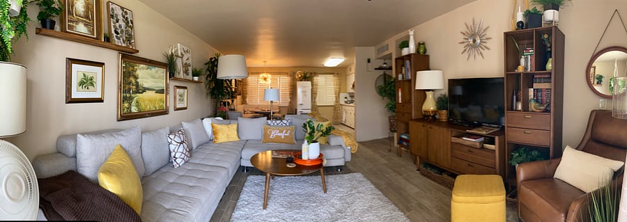 Living room looking into kitchen. Room accomodates 6 comfortably with room to move and converse with those in the kitchen/dining area which holds another 6+. Dining table has a leaf to accomodate up to 8 people.
