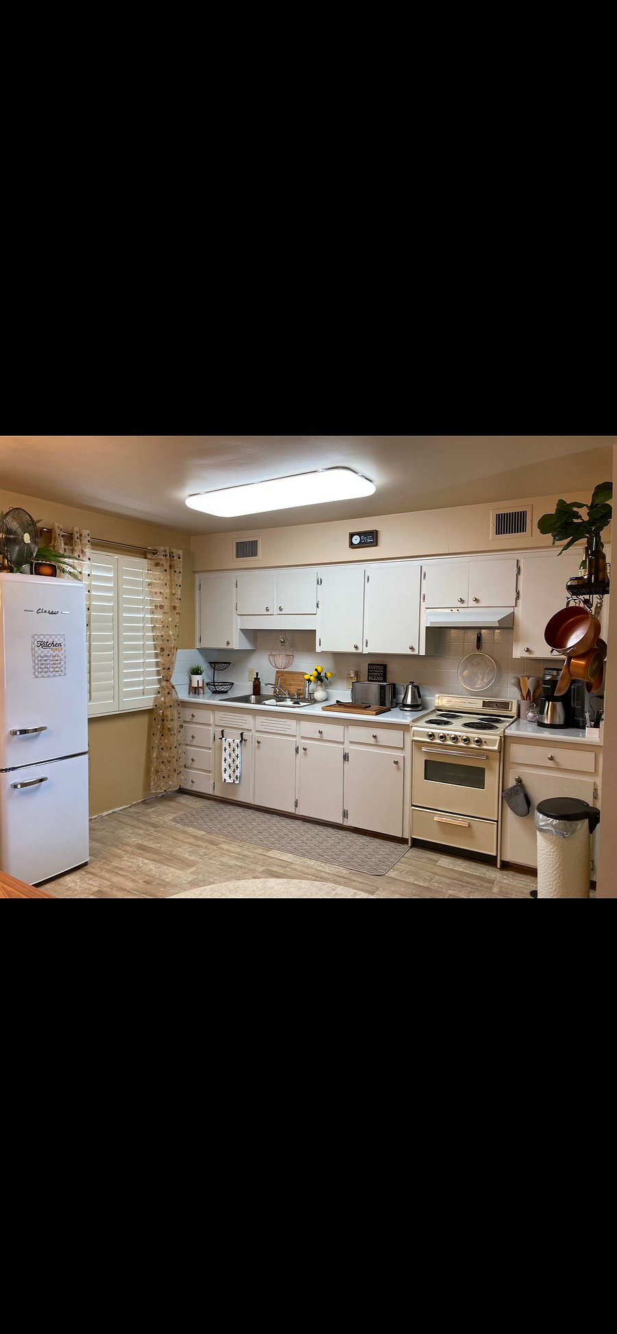 Kitchen does have smaller appliances but stove is 4 burner and good size oven. Have made Thanksgiving dinner for 4 there twice without issue.