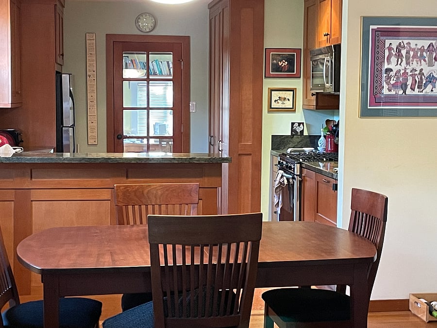 Beautiful living room looking into dining area and kitchen
