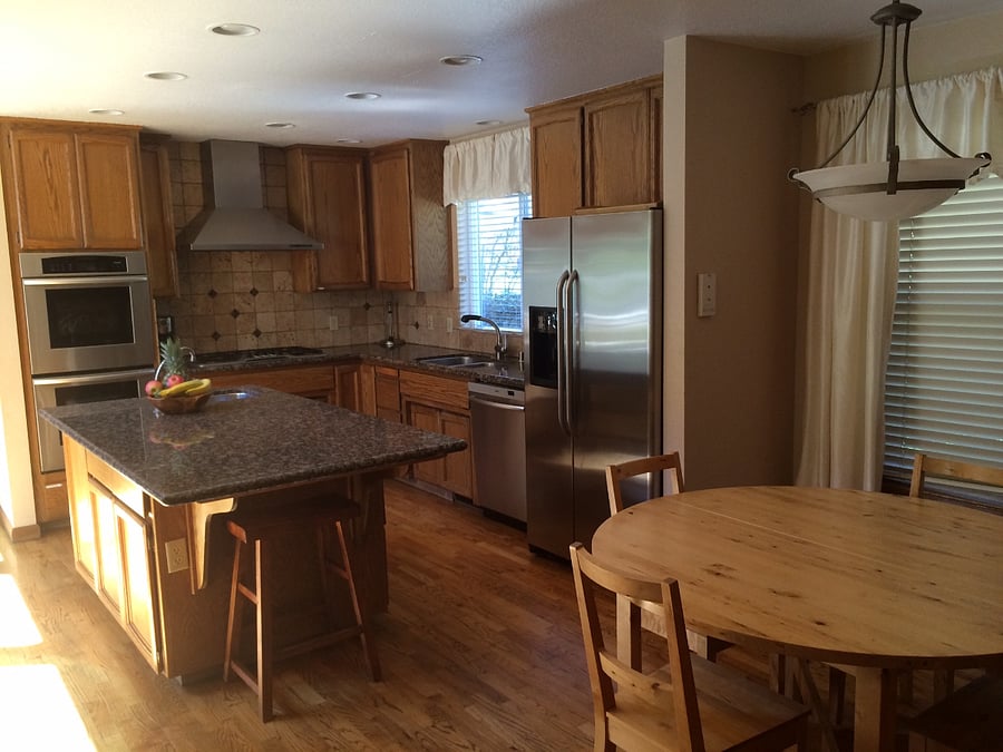 kitchen, kitchen island and eating corner