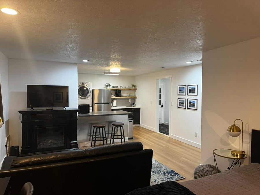 Living Area - pleather couch, area rug, electric heated fire place, new smart TV.