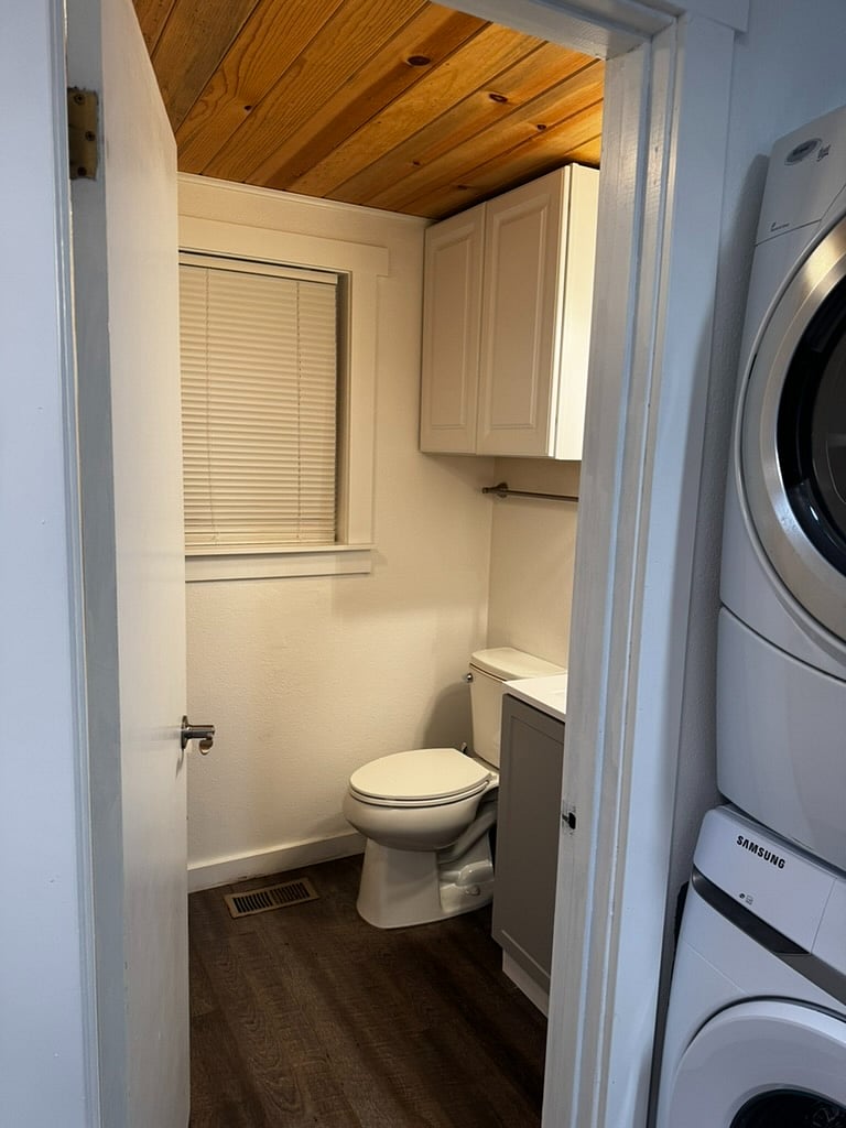 Newly Renovated Bathroom with toilet, sink with storage and full shower and bath.