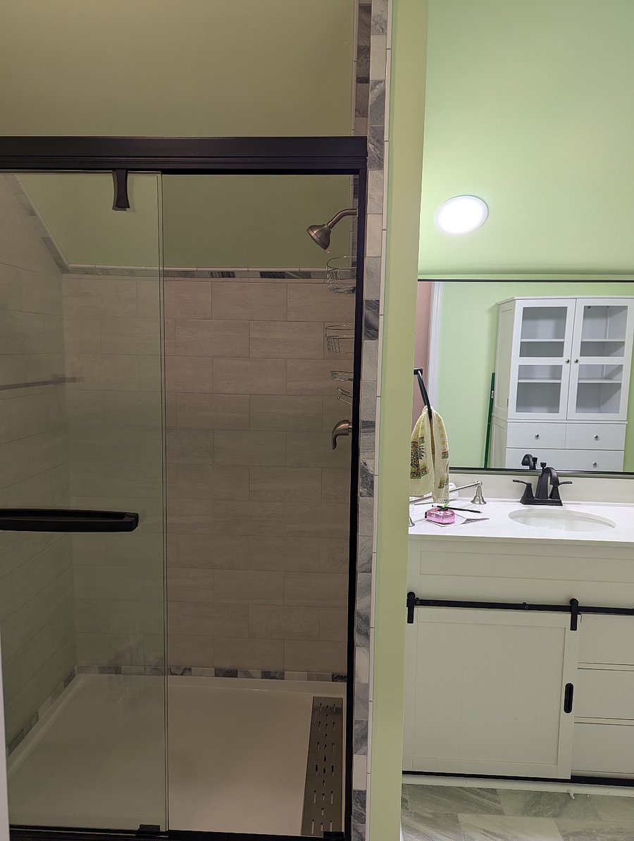 Bathroom shower on left