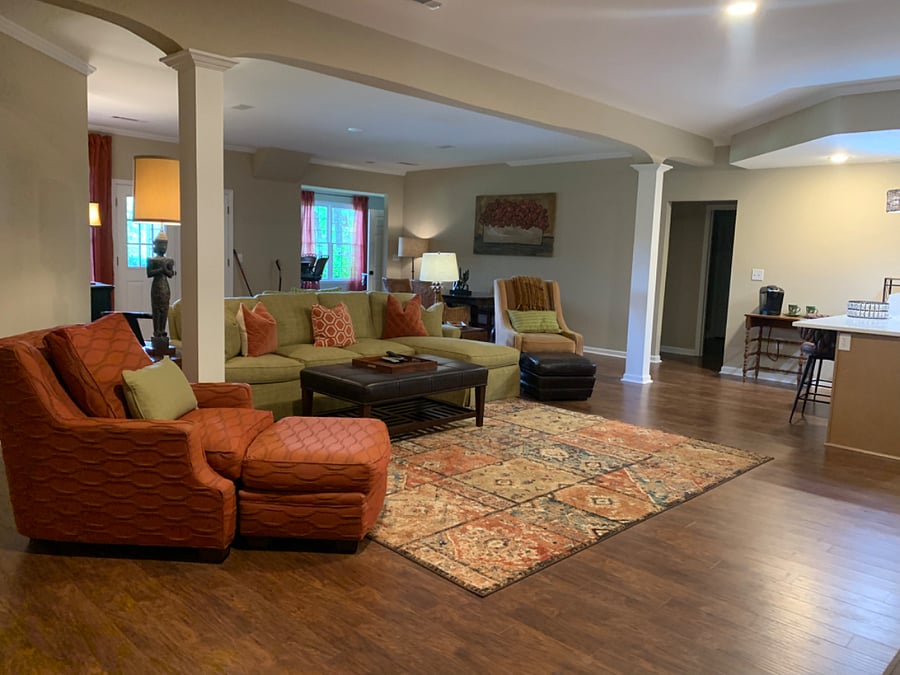 Living area great room with 65 inch smart TV