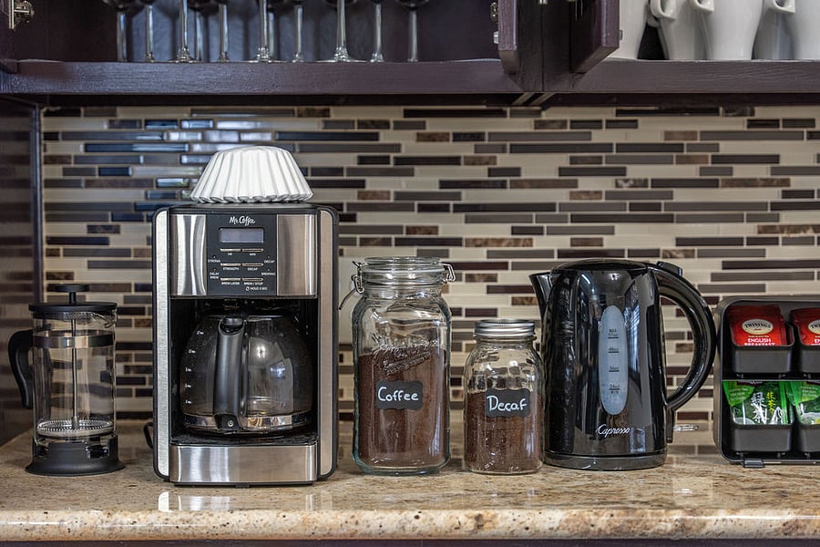 Full supply of coffee, decaf, and tea
