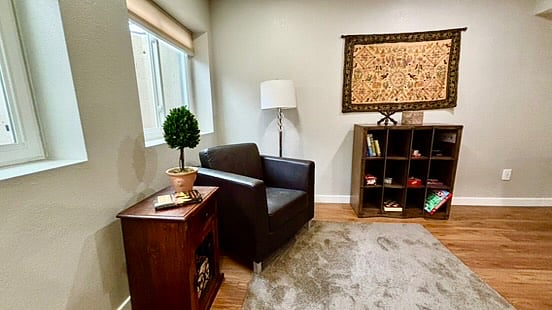A reading nook was established in the basement for anyone who might want to be with the family but not want to watch TV or play games.