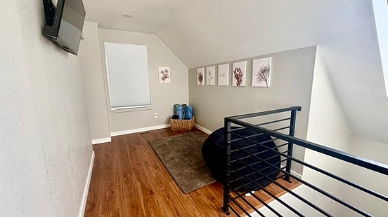 A Chill space can be found at the top of the stairs on the second floor. A comfy bean bag is there for chillin!