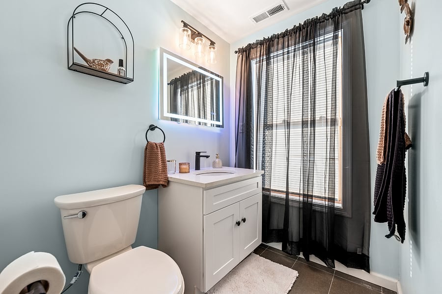 LED, multi-color, fogless mirror featured in bathroom