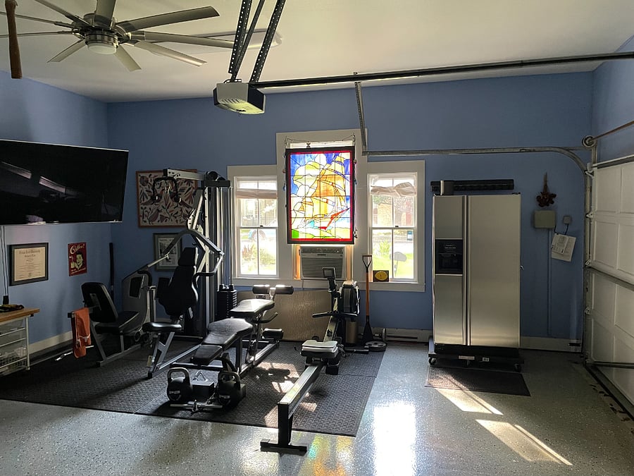 Complete Garage Gym with AC/Heating, Ceiling Fan, High Ceiling and Tons of Light.
