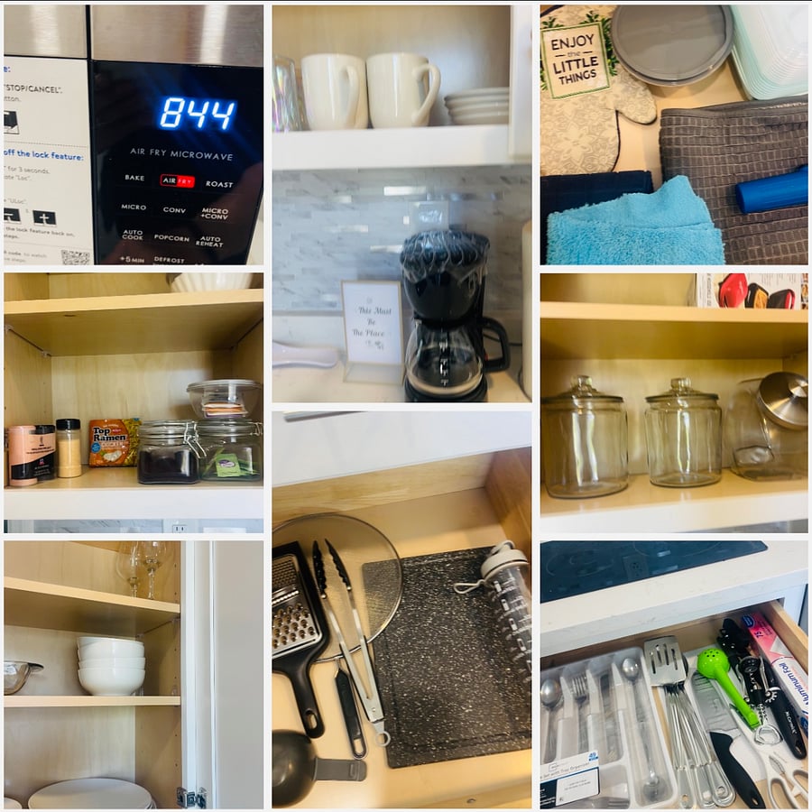 A kitchen with everything that you need and much more. Coffee maker, electric electric tea kettl, electric rice maker, slow cooker, plates, forks, spoons, pans, etc.