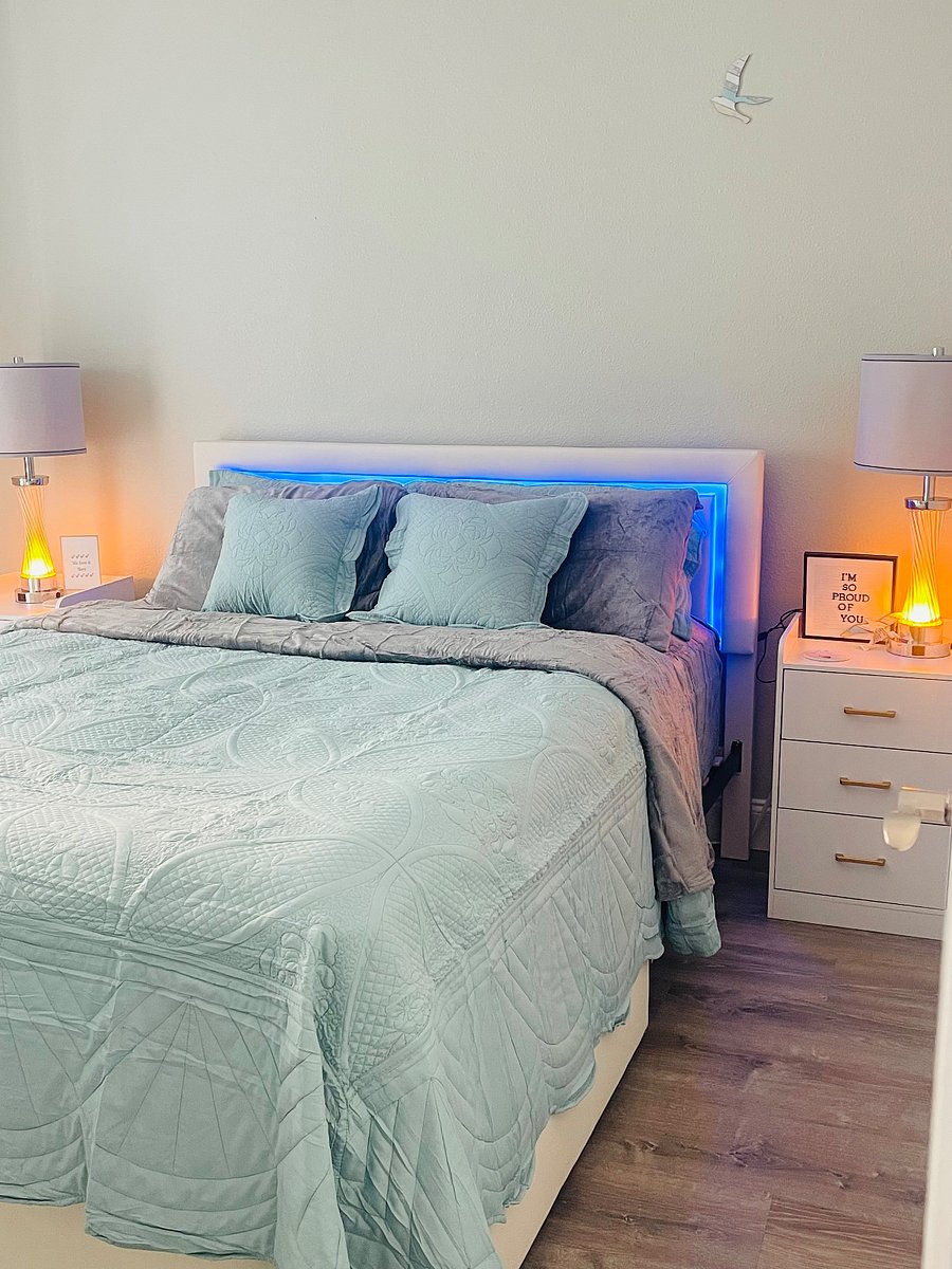 Room 1: Queen-size bed with comfortable mattress. 2 nightstands with drawers, night lamps, and bed light (with control for four different colors/ you will be able to turn it off using the bed light control) 