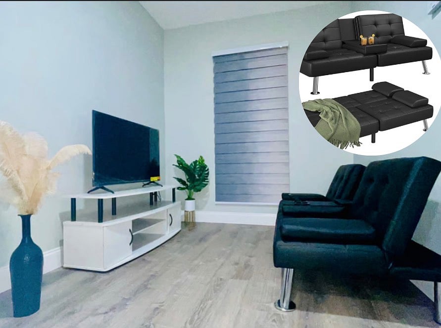 Living room with a smart TV, and a sofa bed. 
