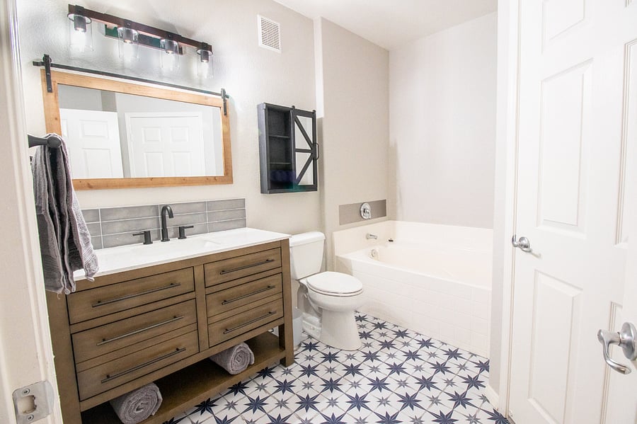Master Bath has Updated Sink, Lighting and Gigantic Soaking Tub