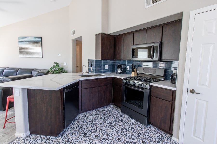 Modern Updated Kitchen with Quartz Countertops, Black Stainless Steel Appliances