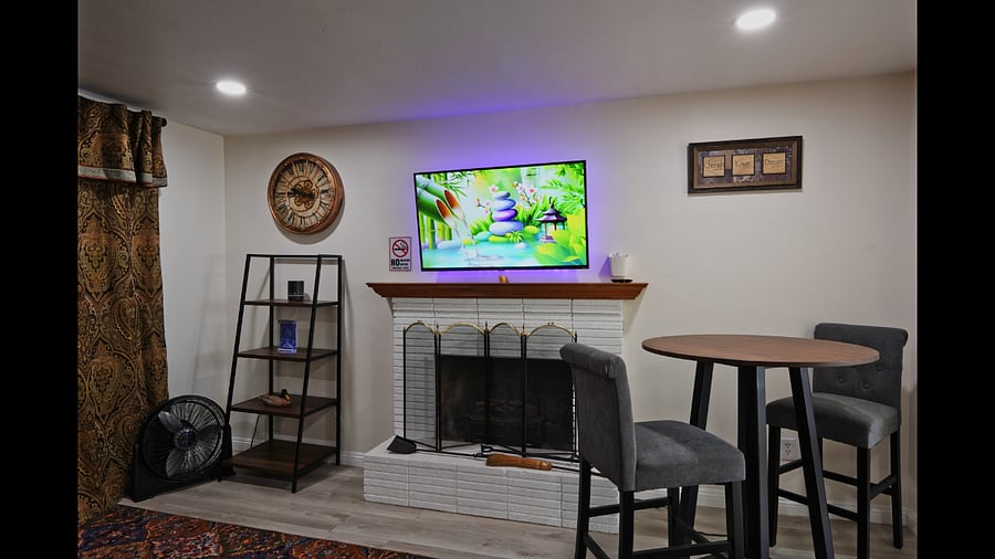 TV and fireplace.