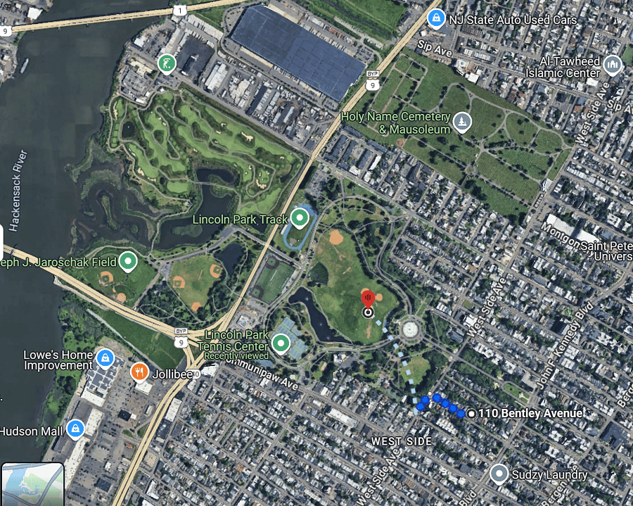Proximity of 110 Bentley Ave Jersey City to Lincoln Park. Entrance is 1/2 block away from the front door.