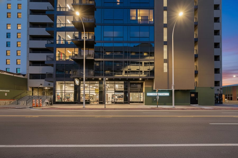 Evening exterior of condos
