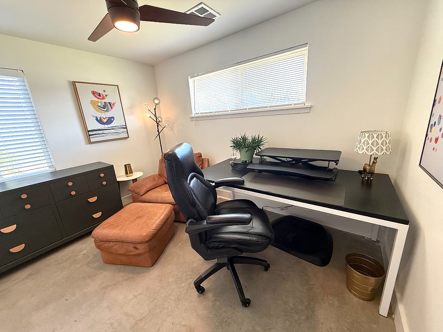 Bedroom # 3: Can be configured with a bed or as an office (as depicted: sit/stand desk, standing pad, and office chair) 