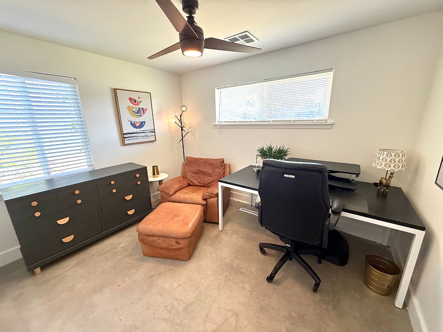 Bedroom # 3: Can be configured with a bed or as an office (as depicted: sit/stand desk, standing pad, and office chair) 
