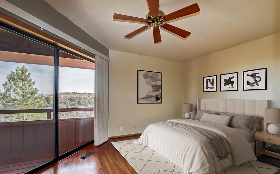 Master Bedroom -- Rendered -- Furnishings include a king bed with two drawers and one floor lamp -- Two closets! --$1200/month