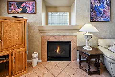 Closeup of fireplace.