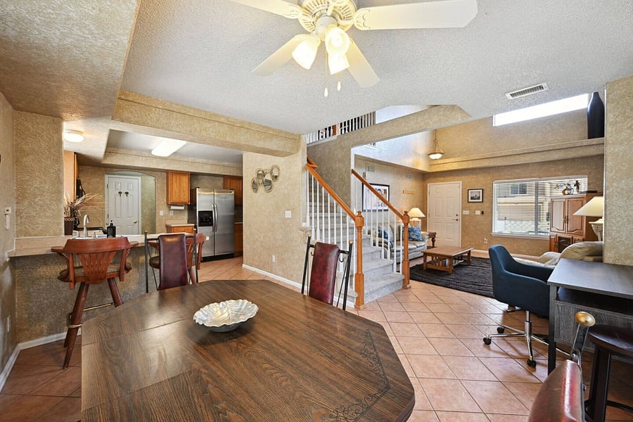 View from the dining room to the living room and the kitchen.