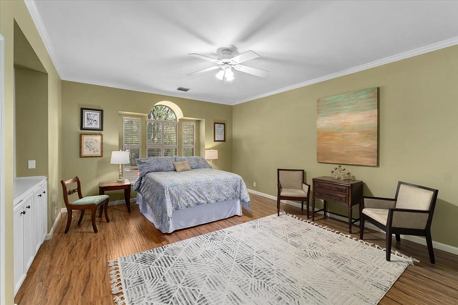 Down stairs main room, queen bed and private bathroom.