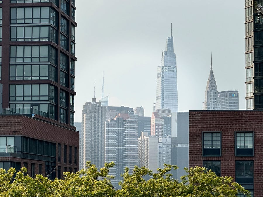Manhattan skyline view from the living room's terrace.