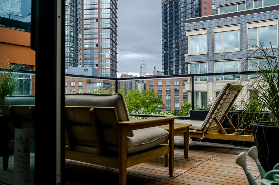 Manhattan skyline view from the living room's terrace.