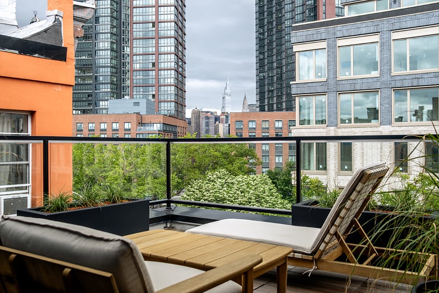 Manhattan skyline view from the living room's terrace.