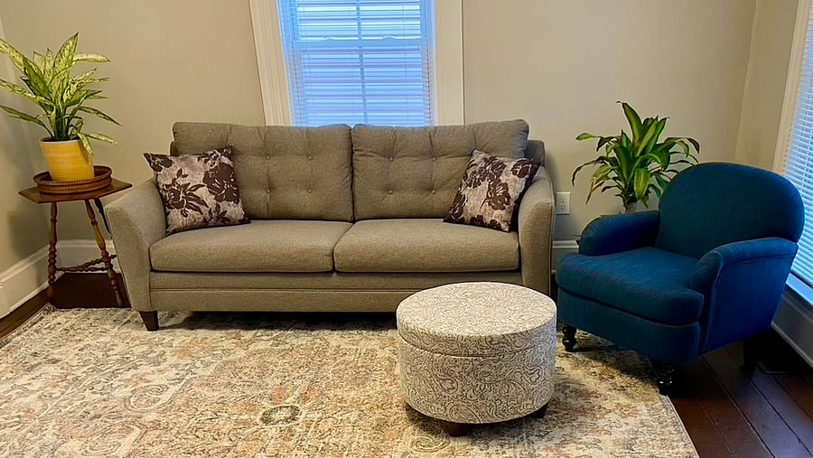 Living room features a sofa sleeper, HEPA air filter, and natural light.