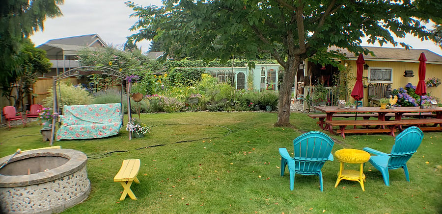 Backyard as seen from covered patio.