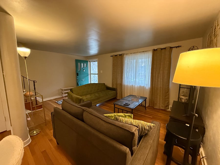 the green sofa adjacent to the door can fold out flat into a futon mattress