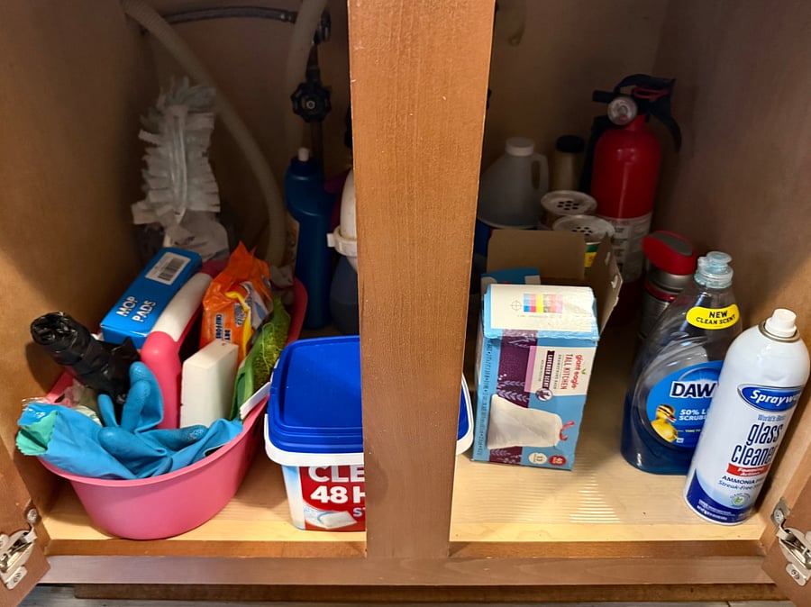 cleaning supplies, dishwasher tablets, starter trash bags, fire extinguisher, reusable mop pads