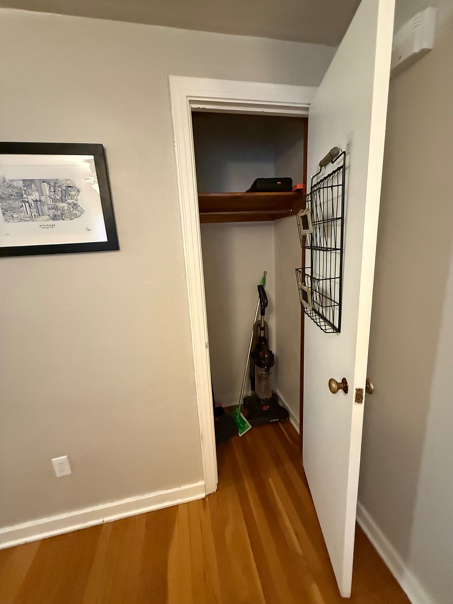 Coat closet in Dining Room area
vacuum, broom and pan, step stool, swiffer and tool boxed stored here