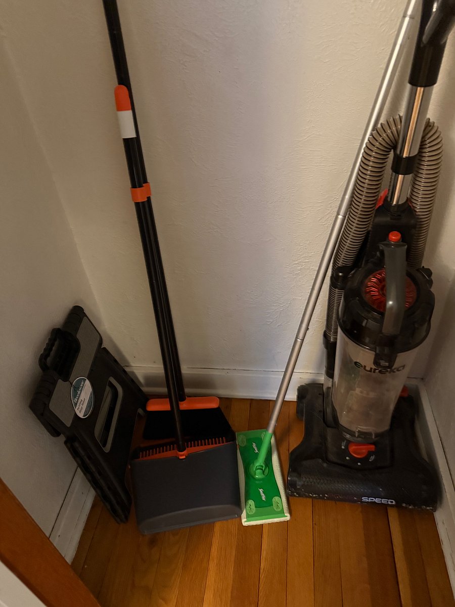 step stool, broom and pan, vacuum, swiffer