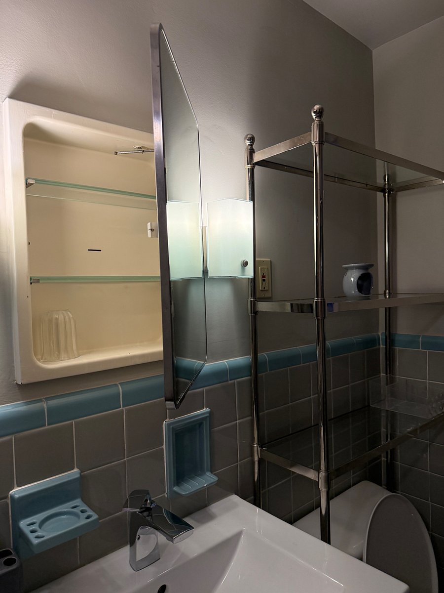 sleek glass shelves, as well as mirror storage