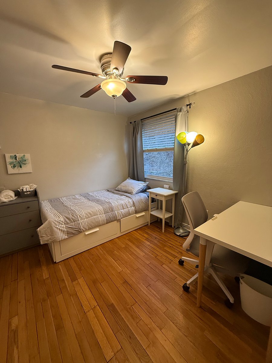 bedroom ONE closest to the staircase and bathroom