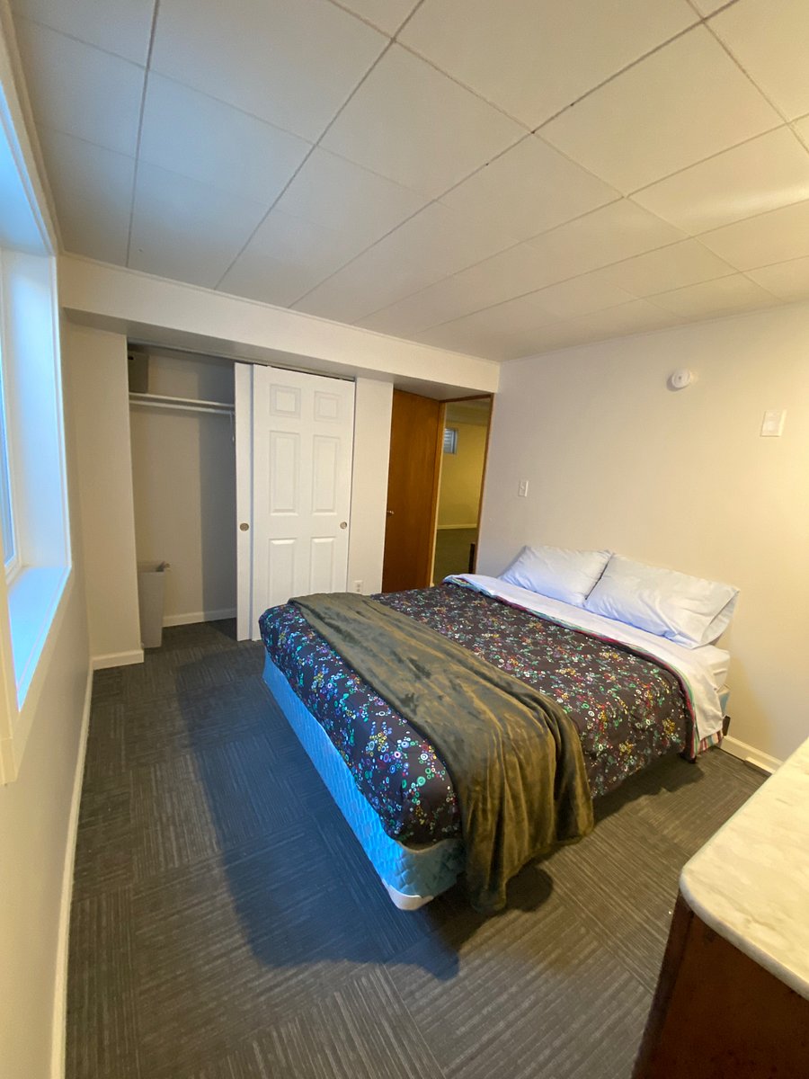 Bedroom with queen bed, closet, and two new windows.