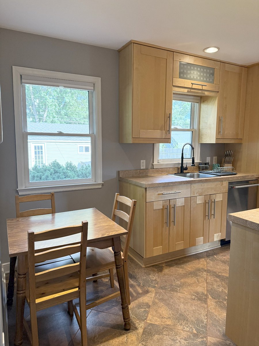 Kitchen table that seats 4, extra chair available if needed.