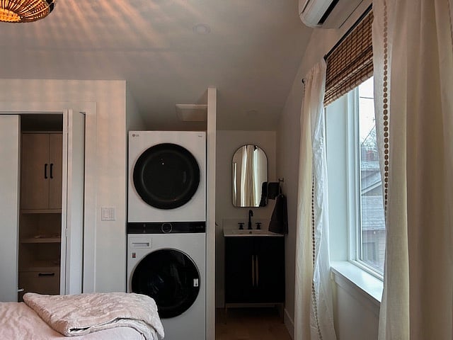 Washer/dryer with sink upstairs