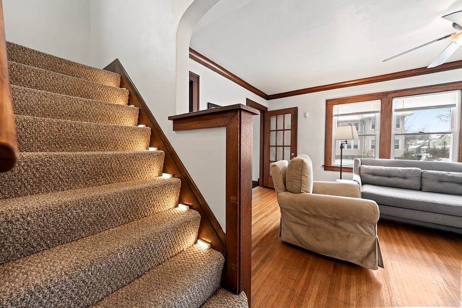 Carpeted stairs with motion-sensor lights