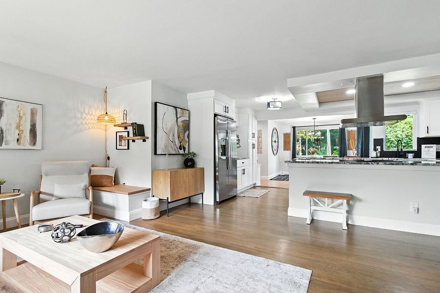 Open concept living space includes the living room, kitchen, and dining room.
