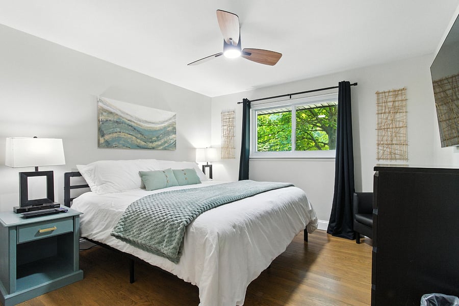 Bedroom 1 has a king Winkbed medium-soft hybrid mattress with 100% cotton linen, pull down blinds, and black-out curtains.