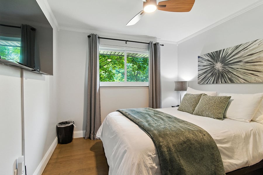 Bedroom 3 has a full medium innerspring mattress with 100% cotton linen, pull down blinds, and black-out curtains.