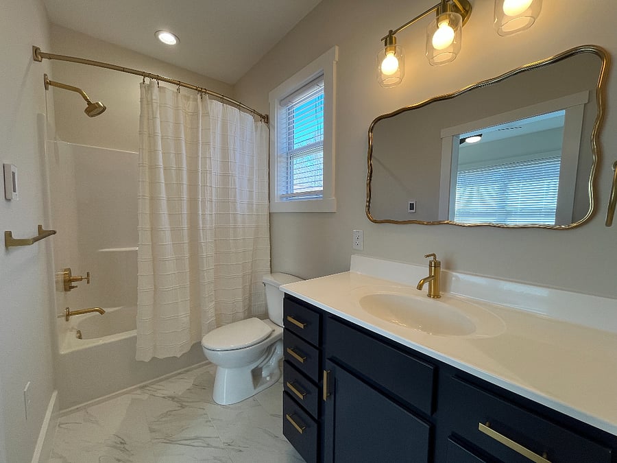 Blue House heated bathroom floors, tub and shower combo